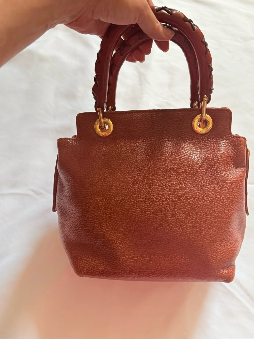 Vintage DESMO Brown Pebbled Leather Structured Top Handle Handbag Gold Hardware